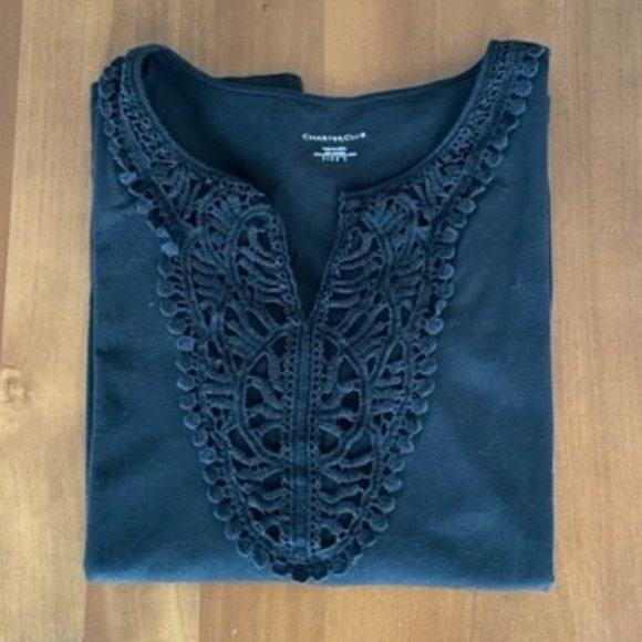 Charter Club Black Shirt with Front Lace Design and 3/4 Sleeves - Picture 1 of 5